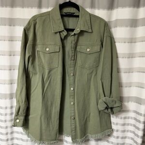 Green Button-Up Shirt Shacket with Fringe, medium